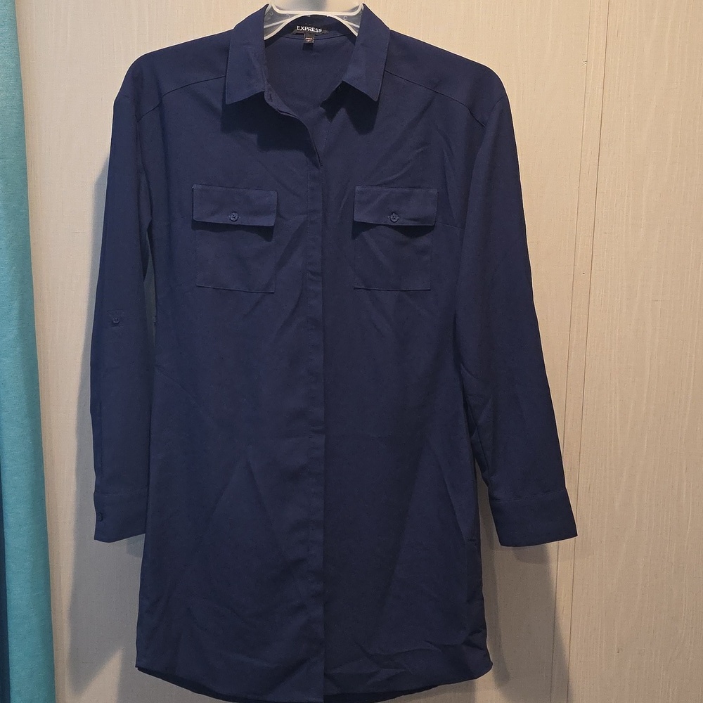 (J43) Womans Sz S, Express Blue Long Sleeve Button-Up Blouse Dress Shirt